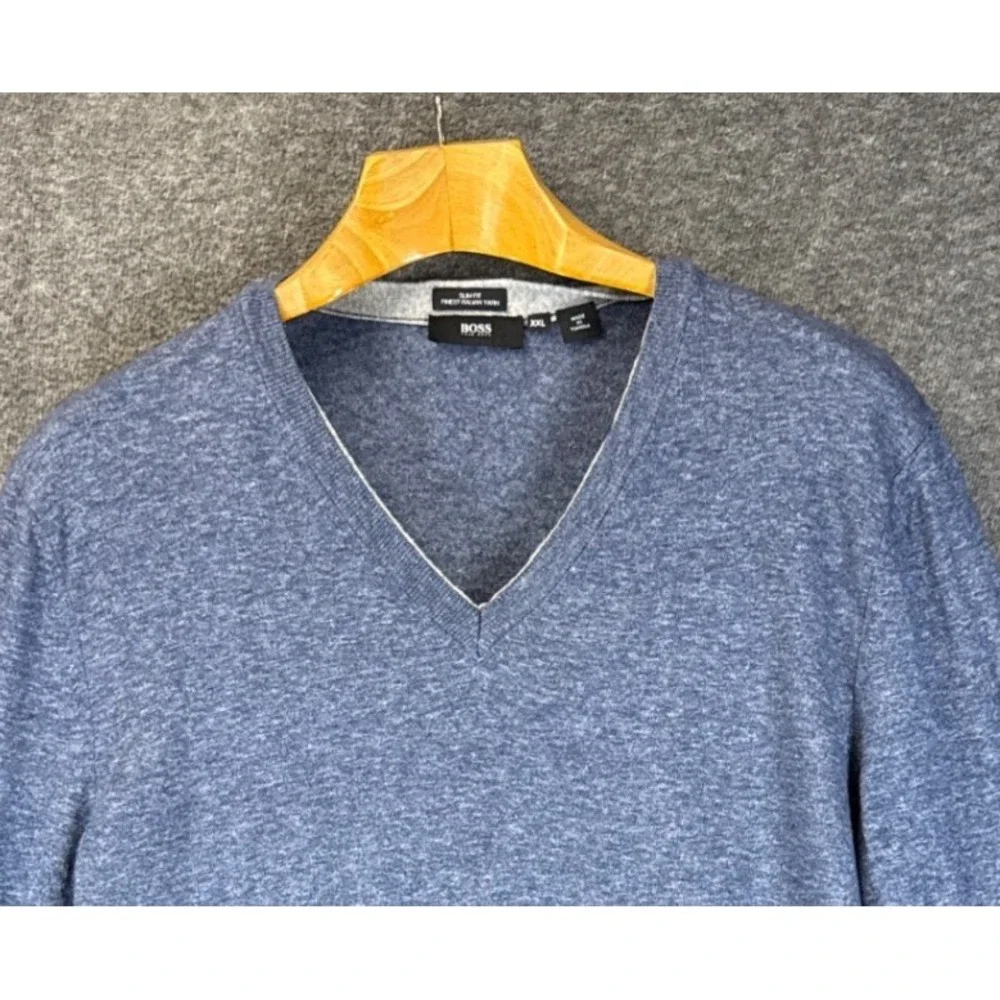 BOSS Hugo B V-Neck Sweater Mens XXL Elbow Blue Slim Fit Italian Yarn Runs Small